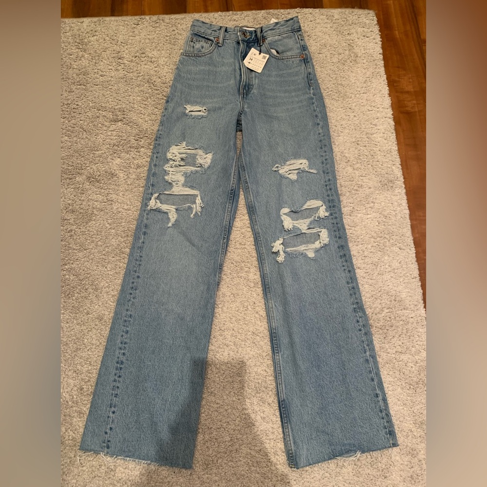 NWT Zara Ripped Distressed Hi-Rise Full Length Wide Leg Jeans - Size 2